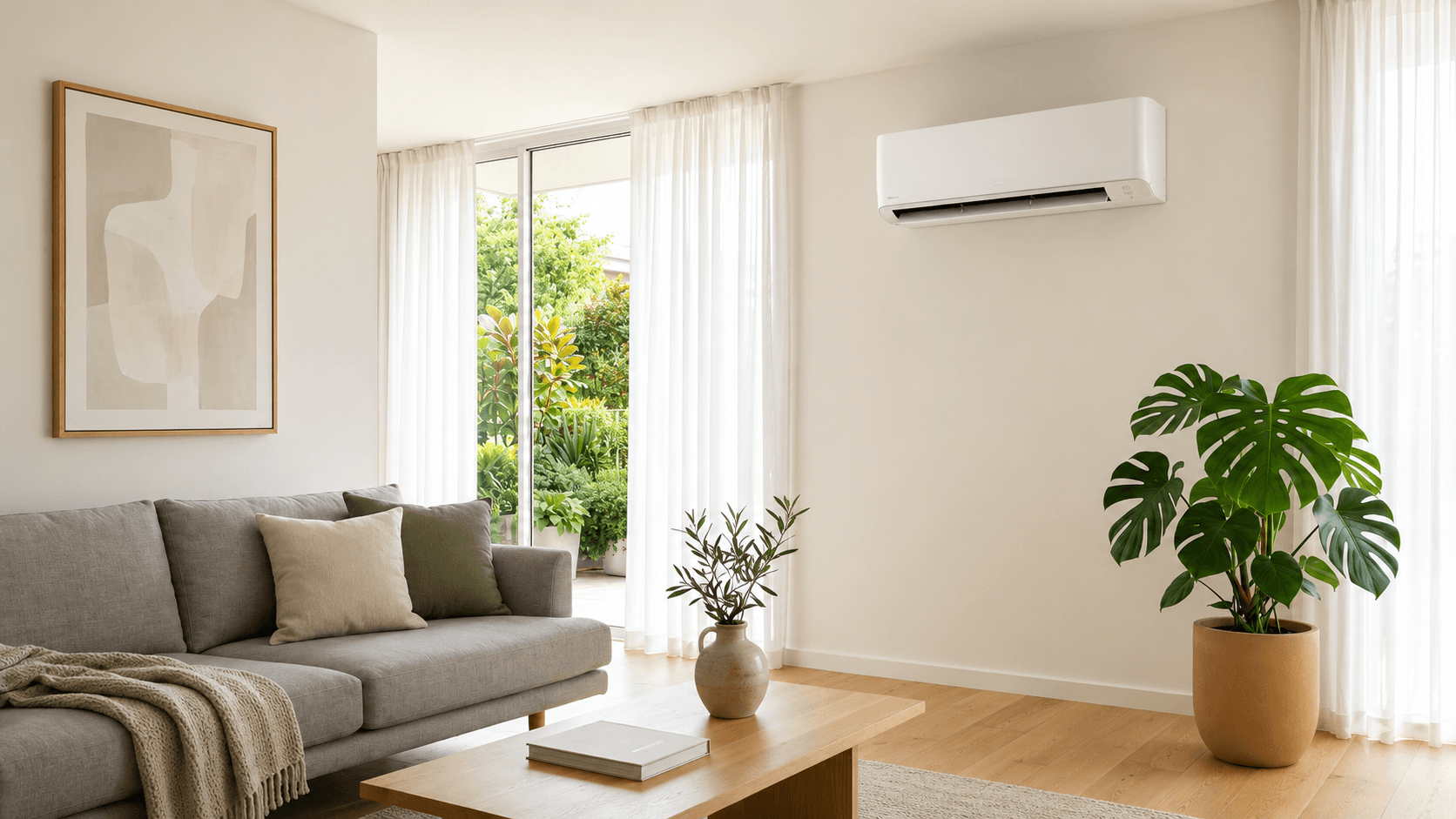 Unità interna di un climatizzatore mono-split moderno installato a parete in un soggiorno luminoso