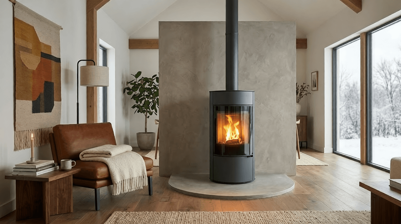 Stufa a pellet moderna accesa in un soggiorno arredato, con la fiamma visibile dietro il vetro